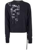 Ann Demeulemeester Women "Gabriela" Destroyed Seed Stitch Crew Neck Sweater With Drawstrings