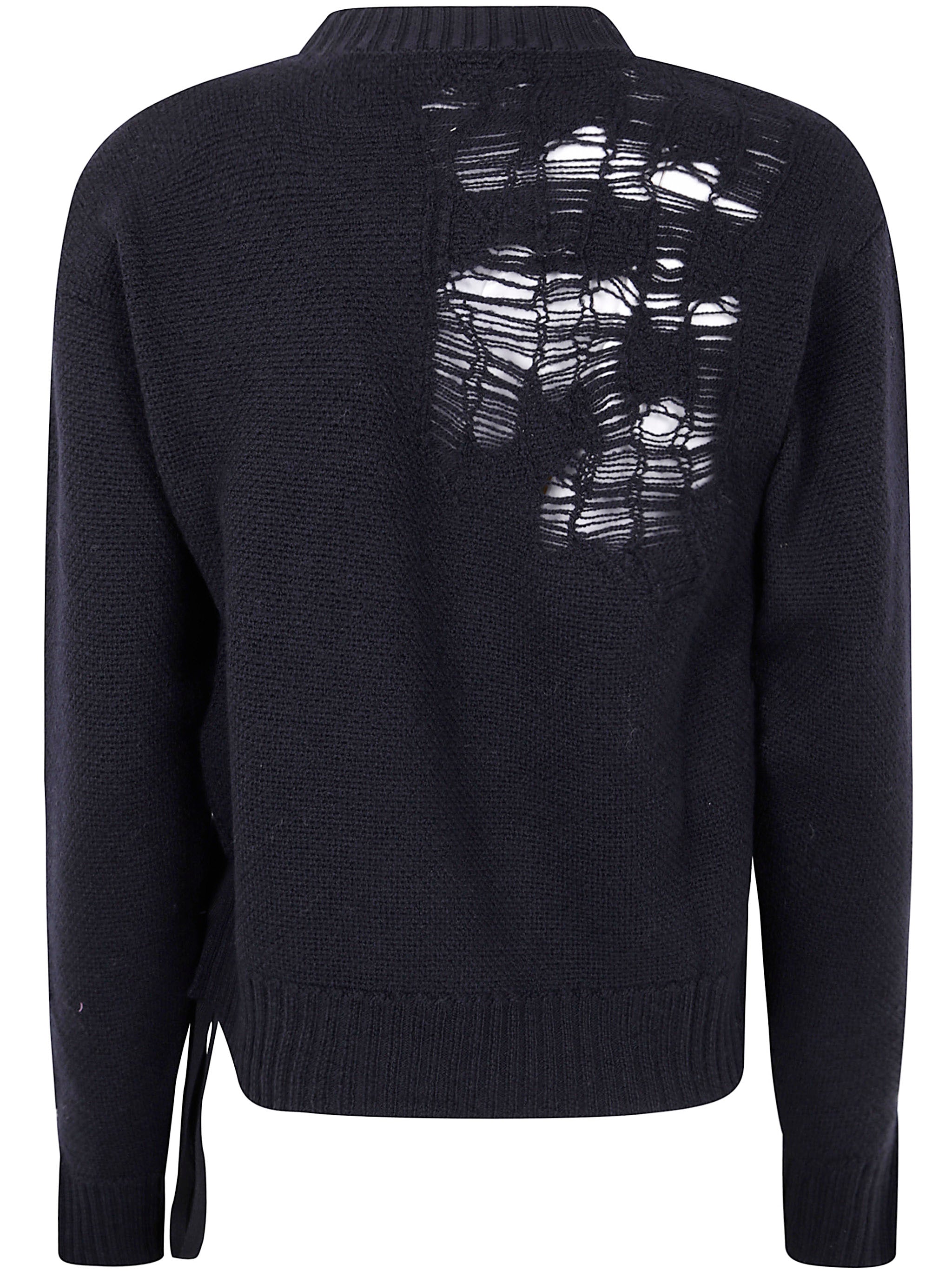 Ann Demeulemeester Women "Gabriela" Destroyed Seed Stitch Crew Neck Sweater With Drawstrings