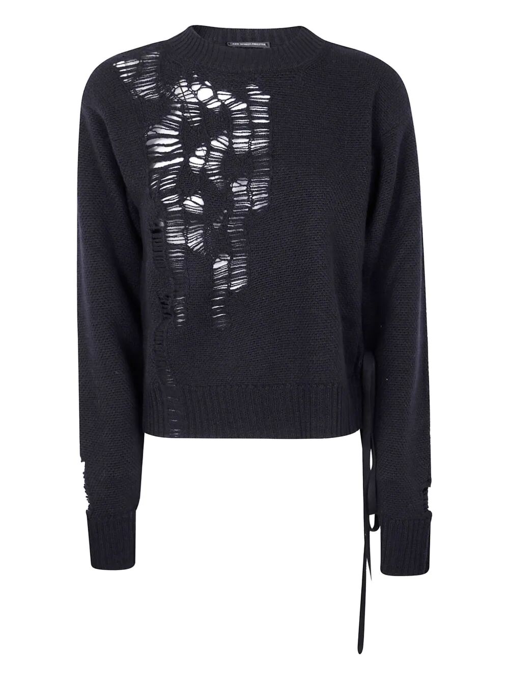Ann Demeulemeester Women "Gabriela" Destroyed Seed Stitch Crew Neck Sweater With Drawstrings