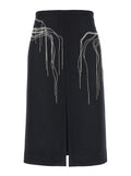 Dries Van Noten Women 'Shelda' Black Midi Skirt With Maxi Beaded Embellishments In Wool Blend Woman