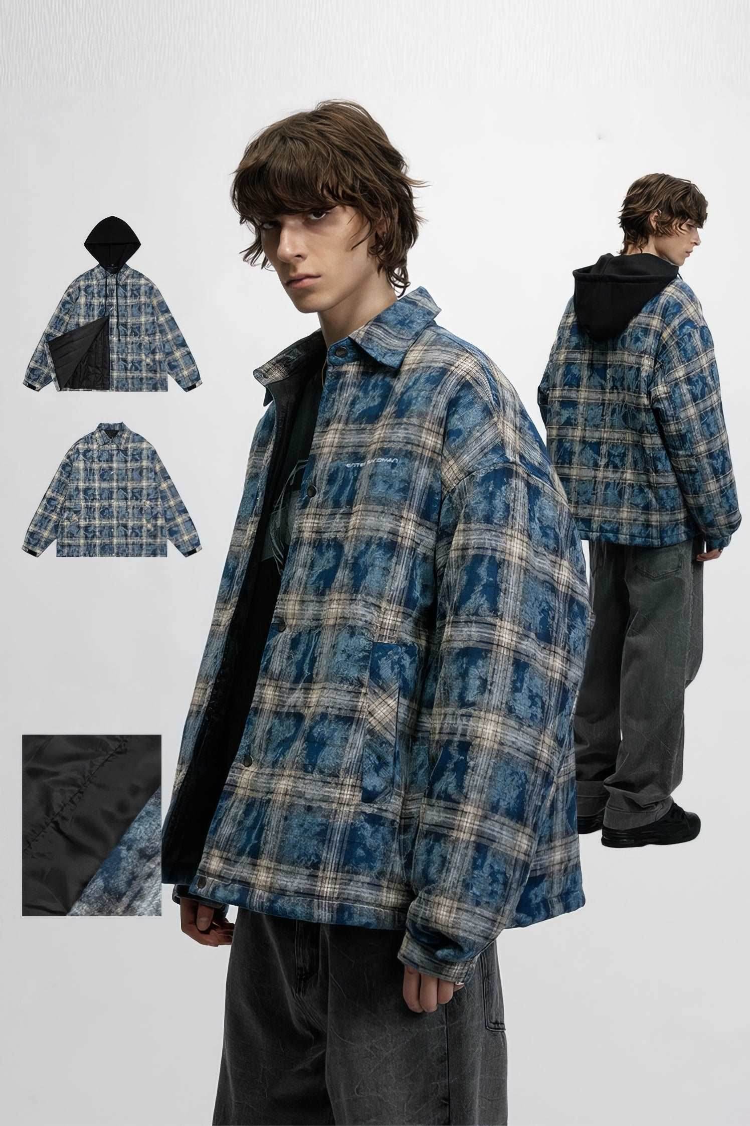 American Streetwear Hip-Hop Plaid Hoodie Jacket – Removable Hood, Cotton Lined