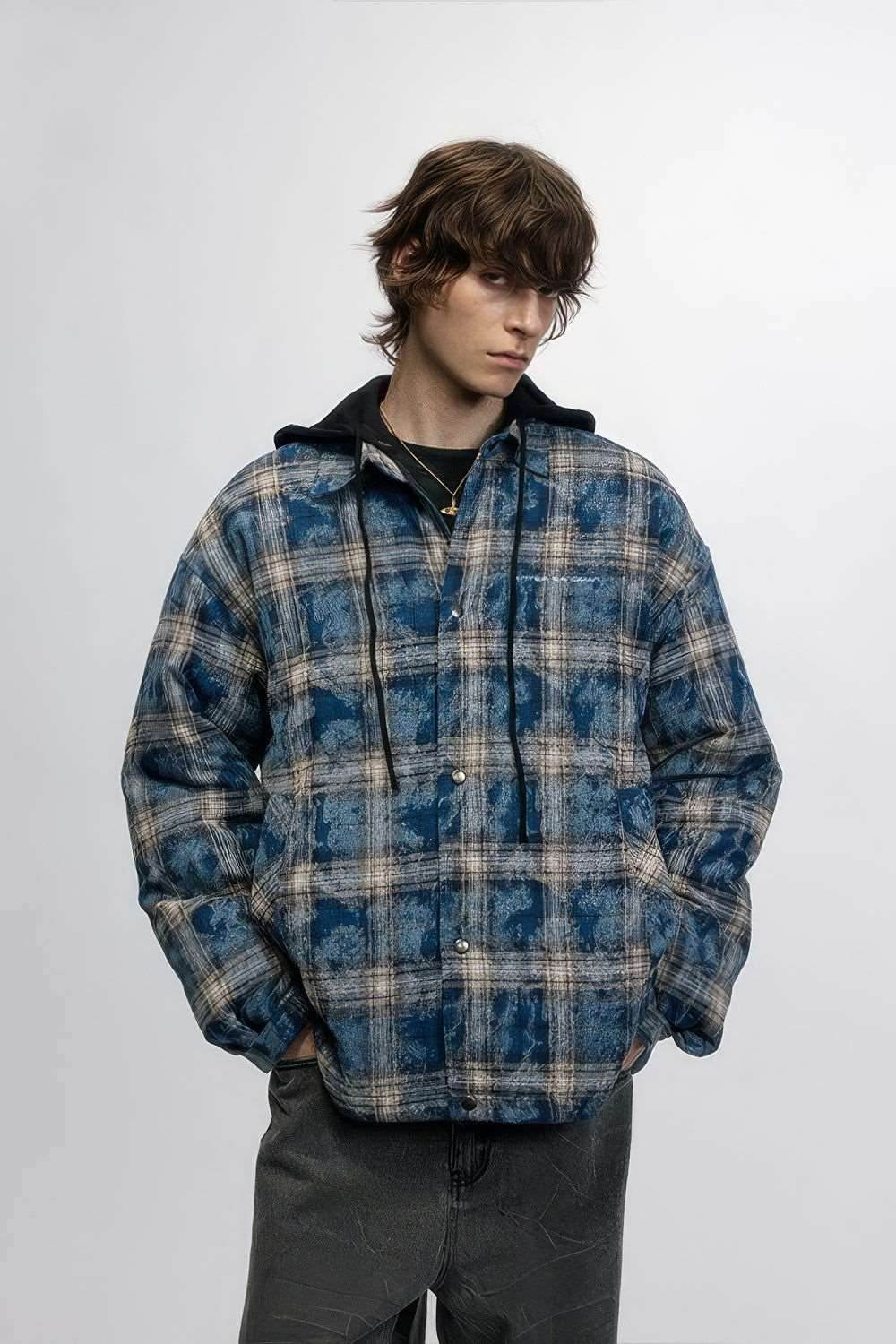 American Streetwear Hip-Hop Plaid Hoodie Jacket – Removable Hood, Cotton Lined