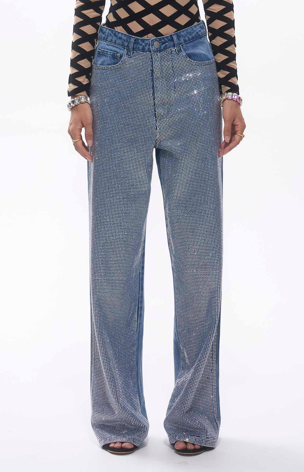 Auga Crystal Embellished High Waist Blue Jeans Unisex