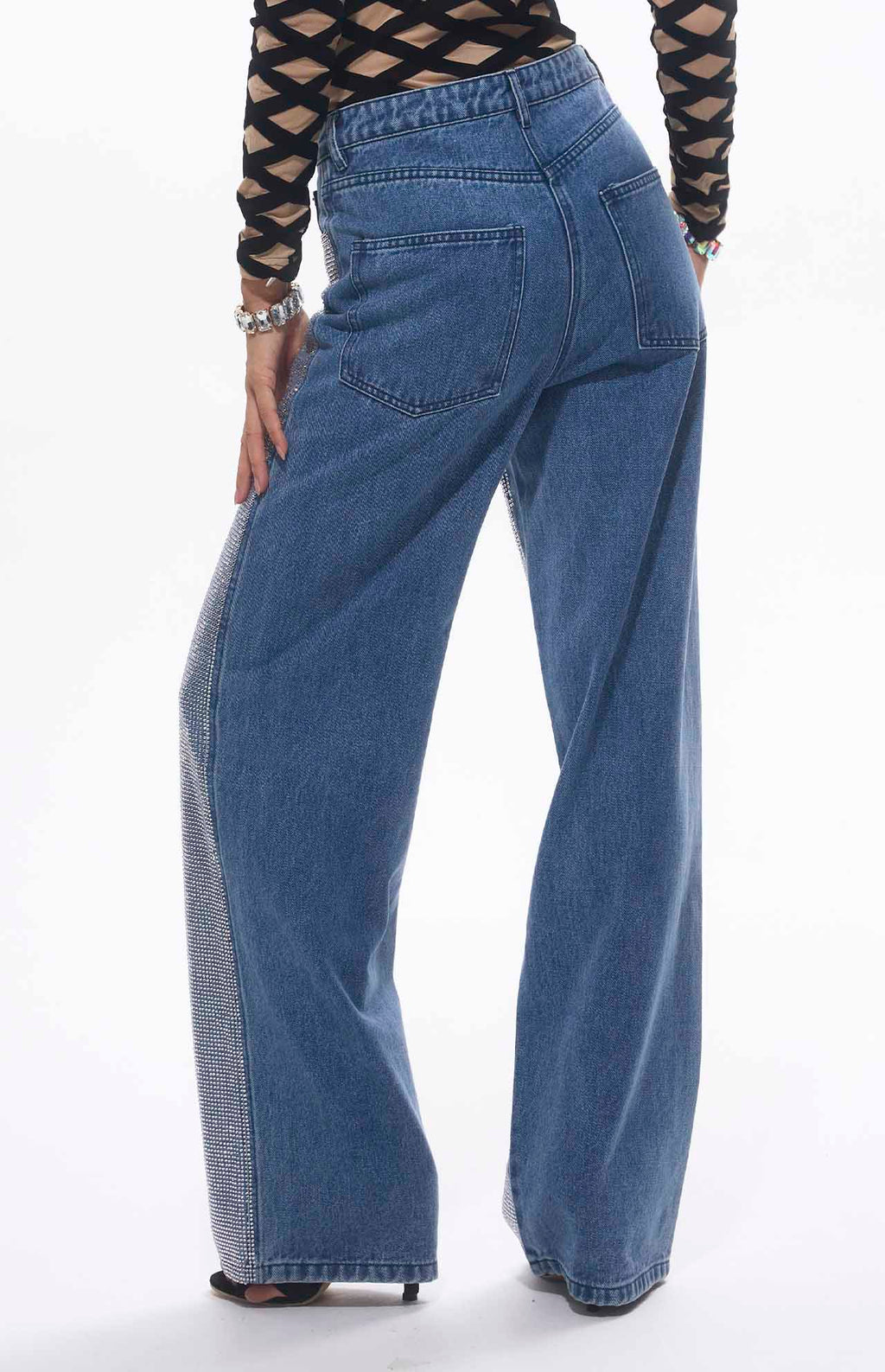 Auga Crystal Embellished High Waist Blue Jeans Unisex