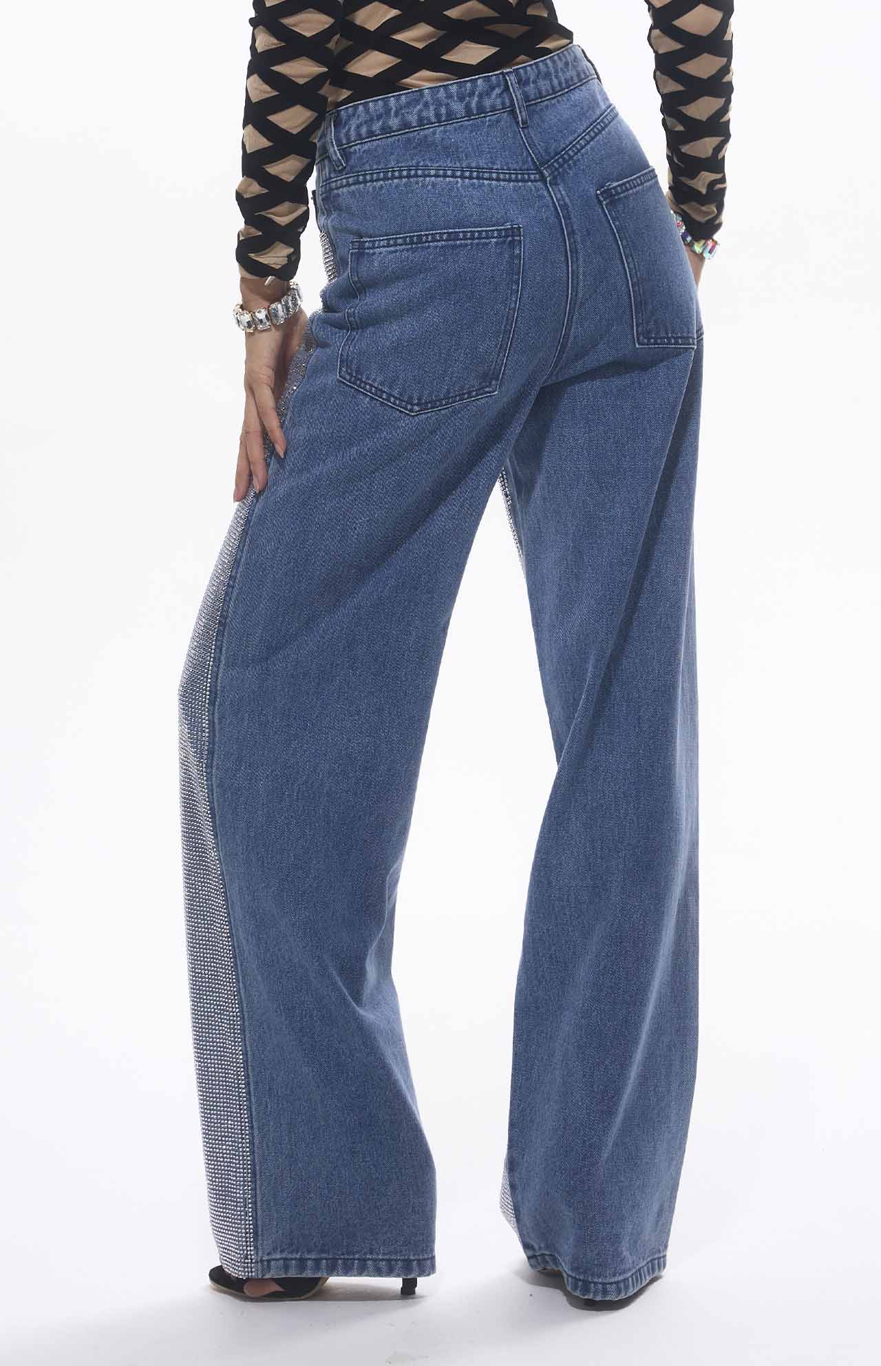 Auga Crystal Embellished High Waist Blue Jeans Unisex