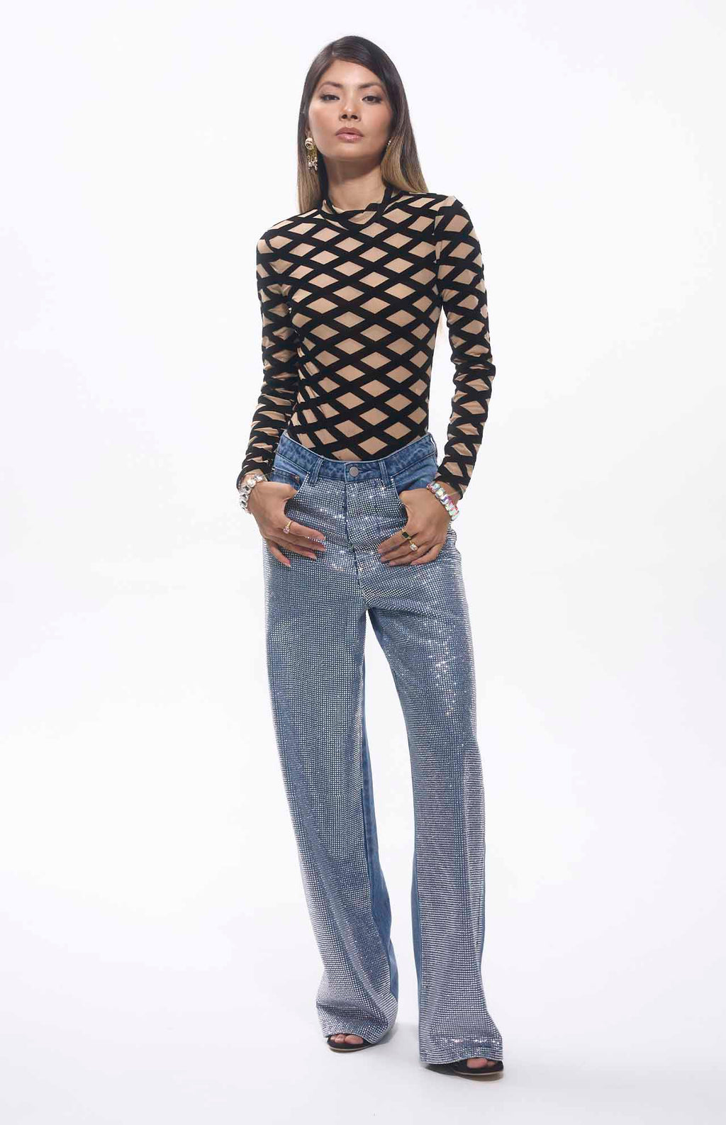 Auga Crystal Embellished High Waist Blue Jeans Unisex