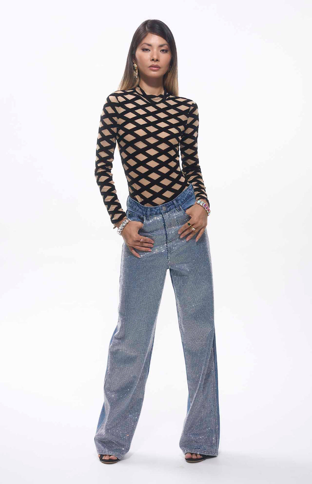 Auga Crystal Embellished High Waist Blue Jeans Unisex