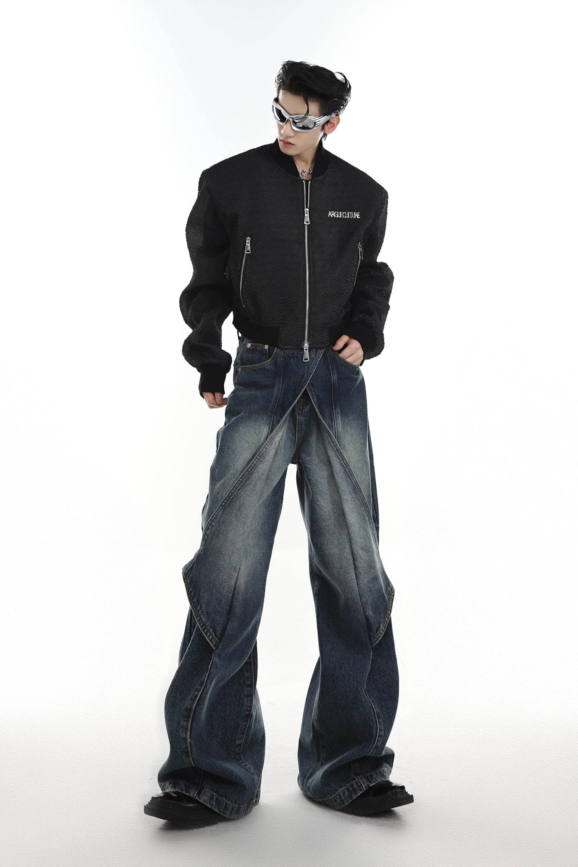 Distressed Denim Patchwork Jeans - Convertible Flare Design