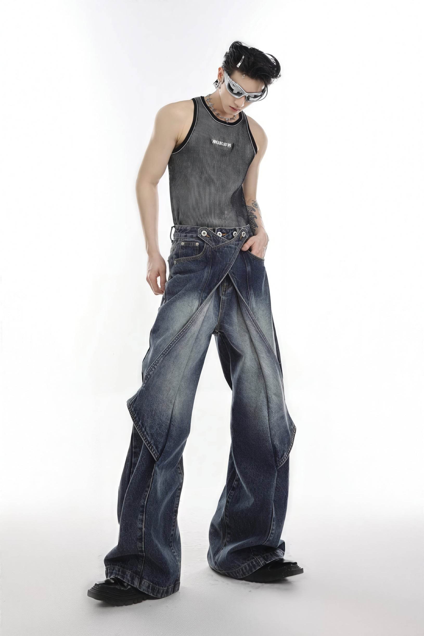 Distressed Denim Patchwork Jeans - Convertible Flare Design