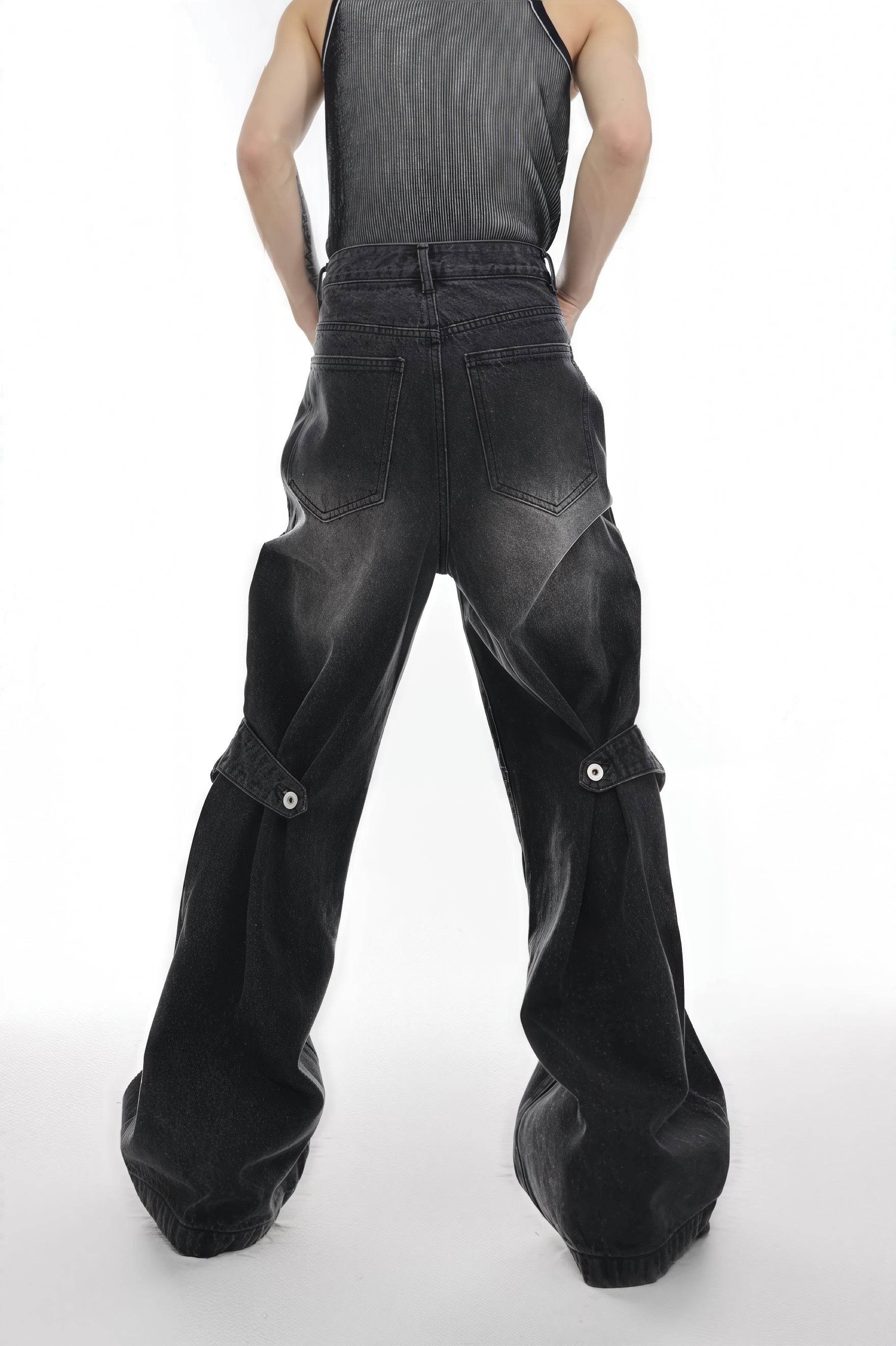 Distressed Denim Patchwork Jeans - Convertible Flare Design