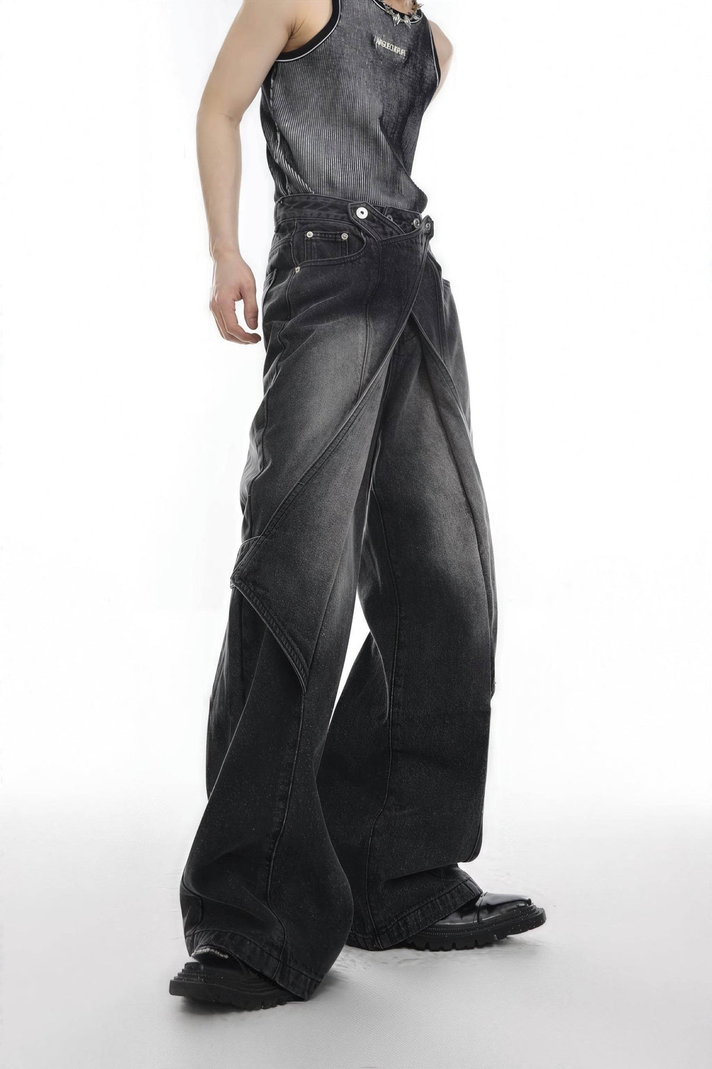 Distressed Denim Patchwork Jeans - Convertible Flare Design