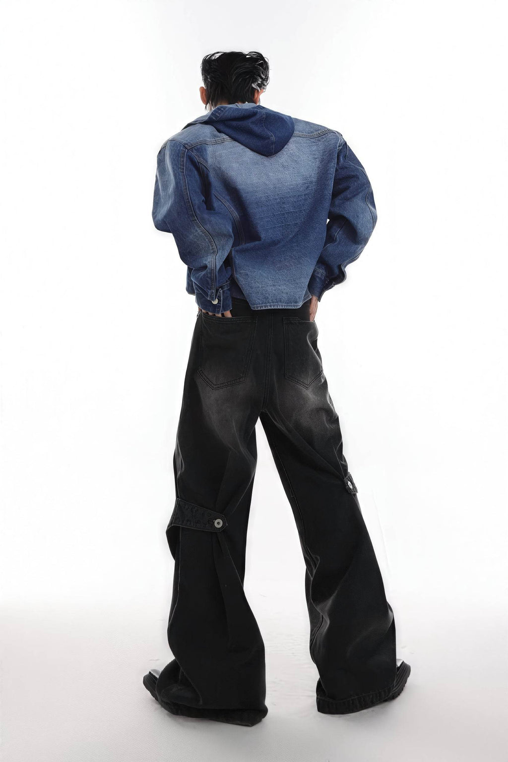 Distressed Denim Patchwork Jeans - Convertible Flare Design