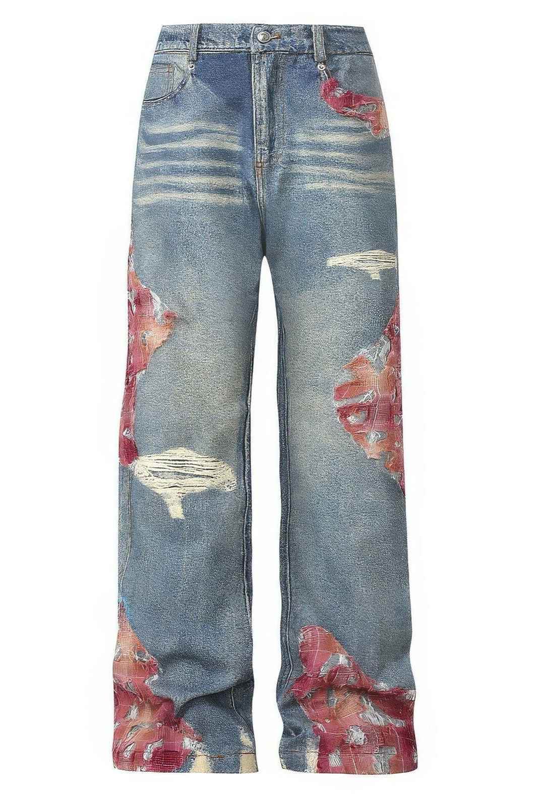 Lace & Flame Patchwork Denim Pants - Wide-Leg, Washed Look