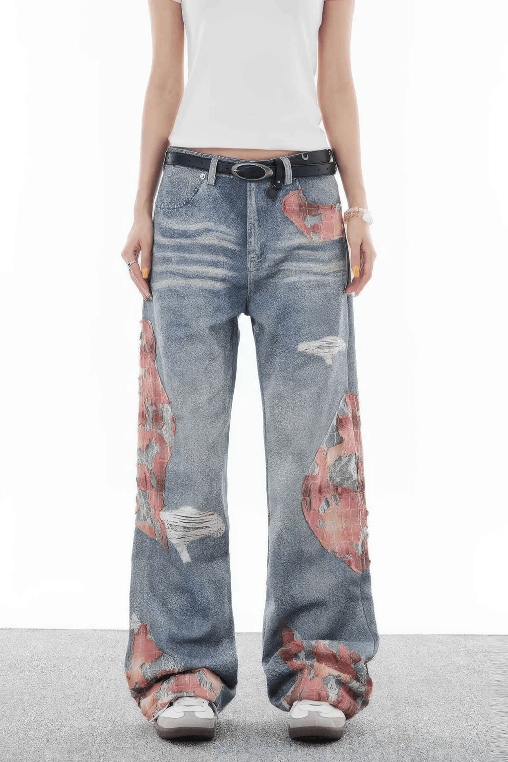 Lace & Flame Patchwork Denim Pants - Wide-Leg, Washed Look