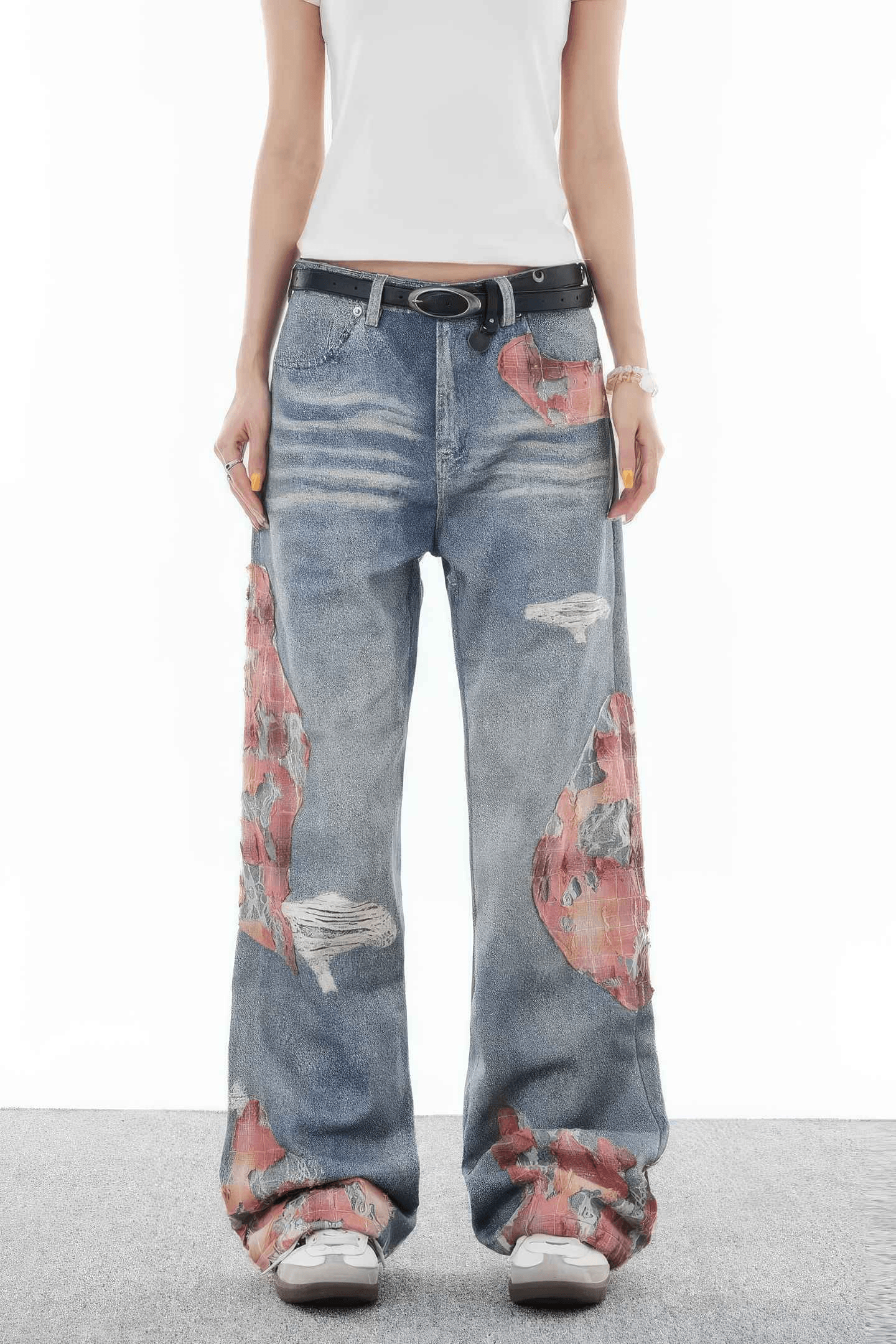Lace & Flame Patchwork Denim Pants - Wide-Leg, Washed Look