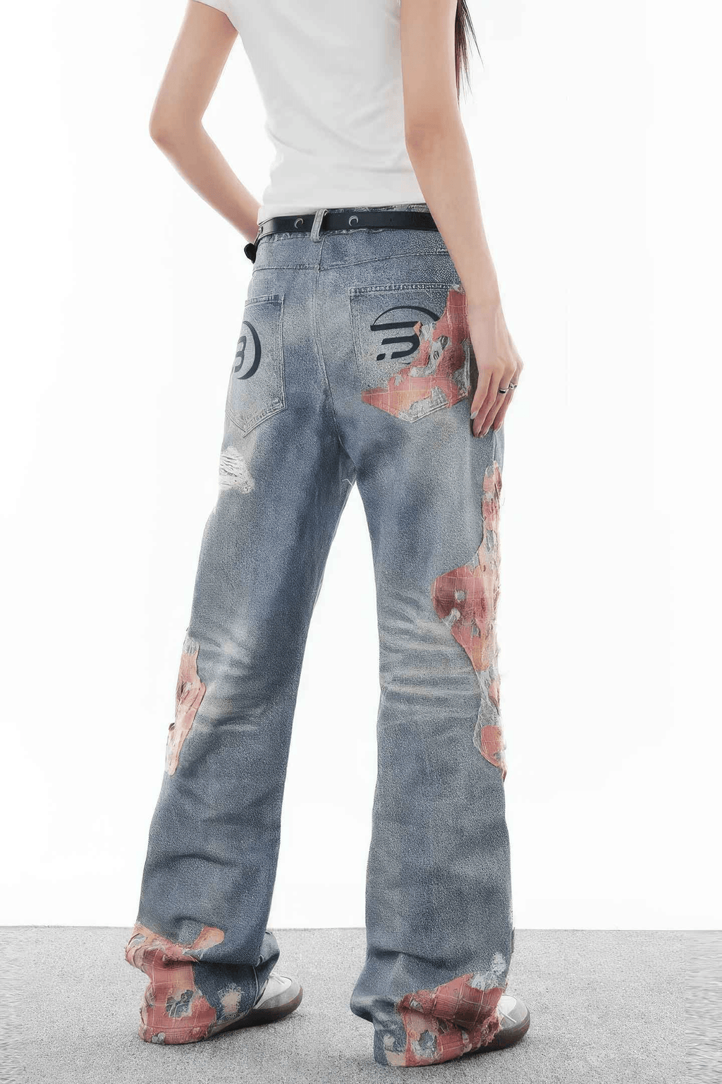 Lace & Flame Patchwork Denim Pants - Wide-Leg, Washed Look