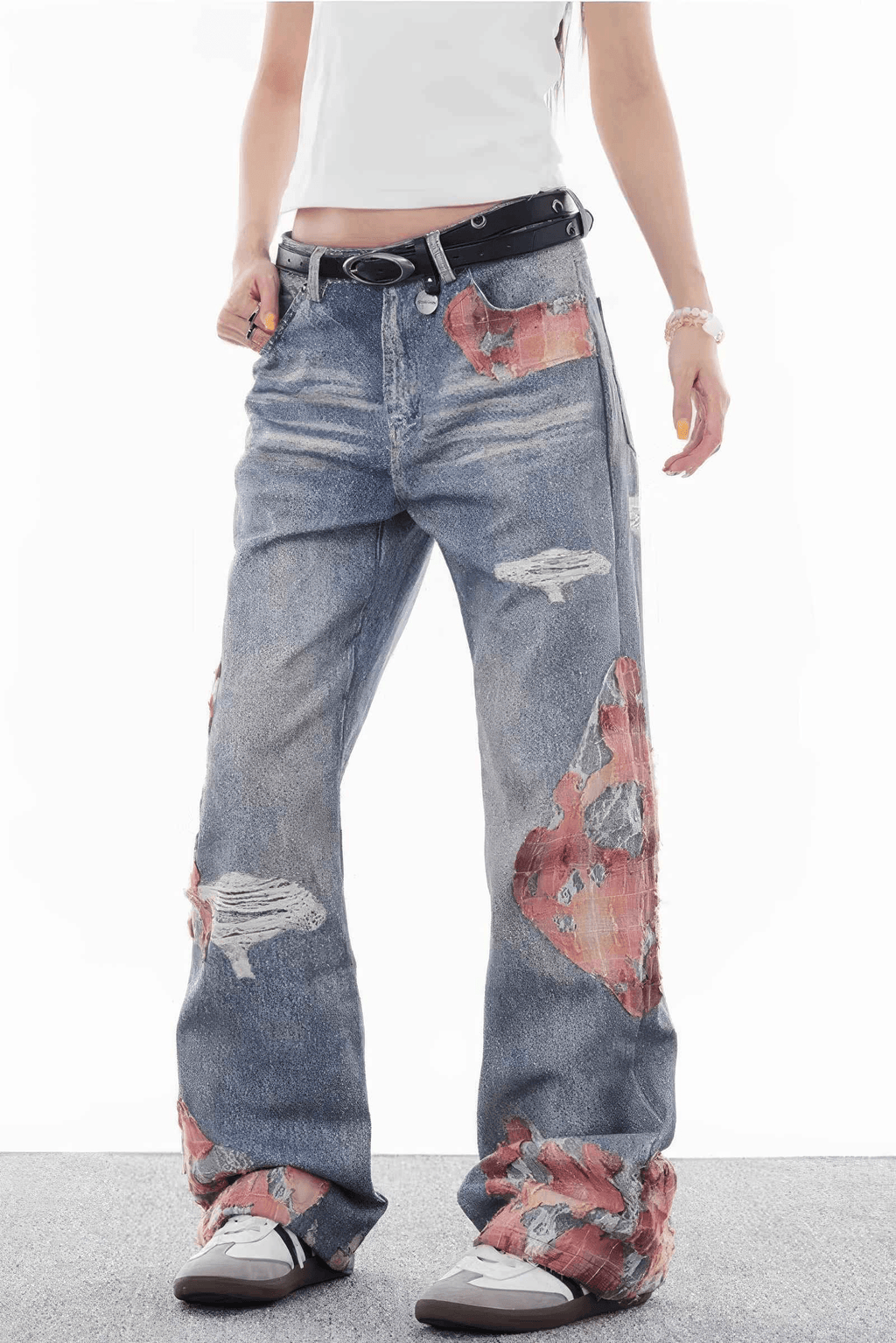 Lace & Flame Patchwork Denim Pants - Wide-Leg, Washed Look