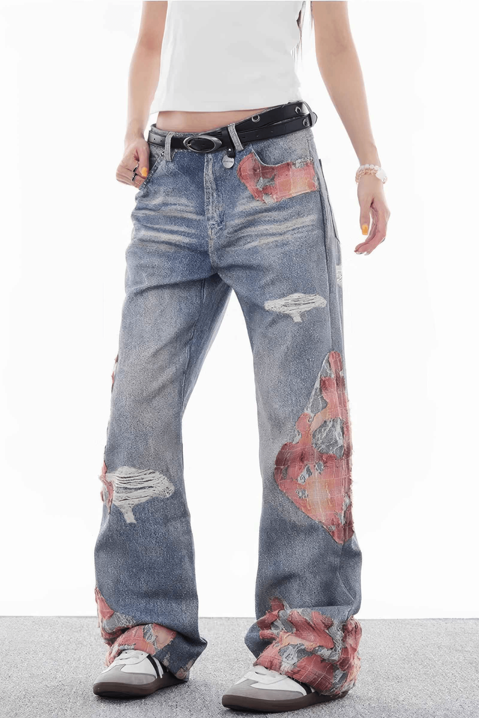 Lace & Flame Patchwork Denim Pants - Wide-Leg, Washed Look