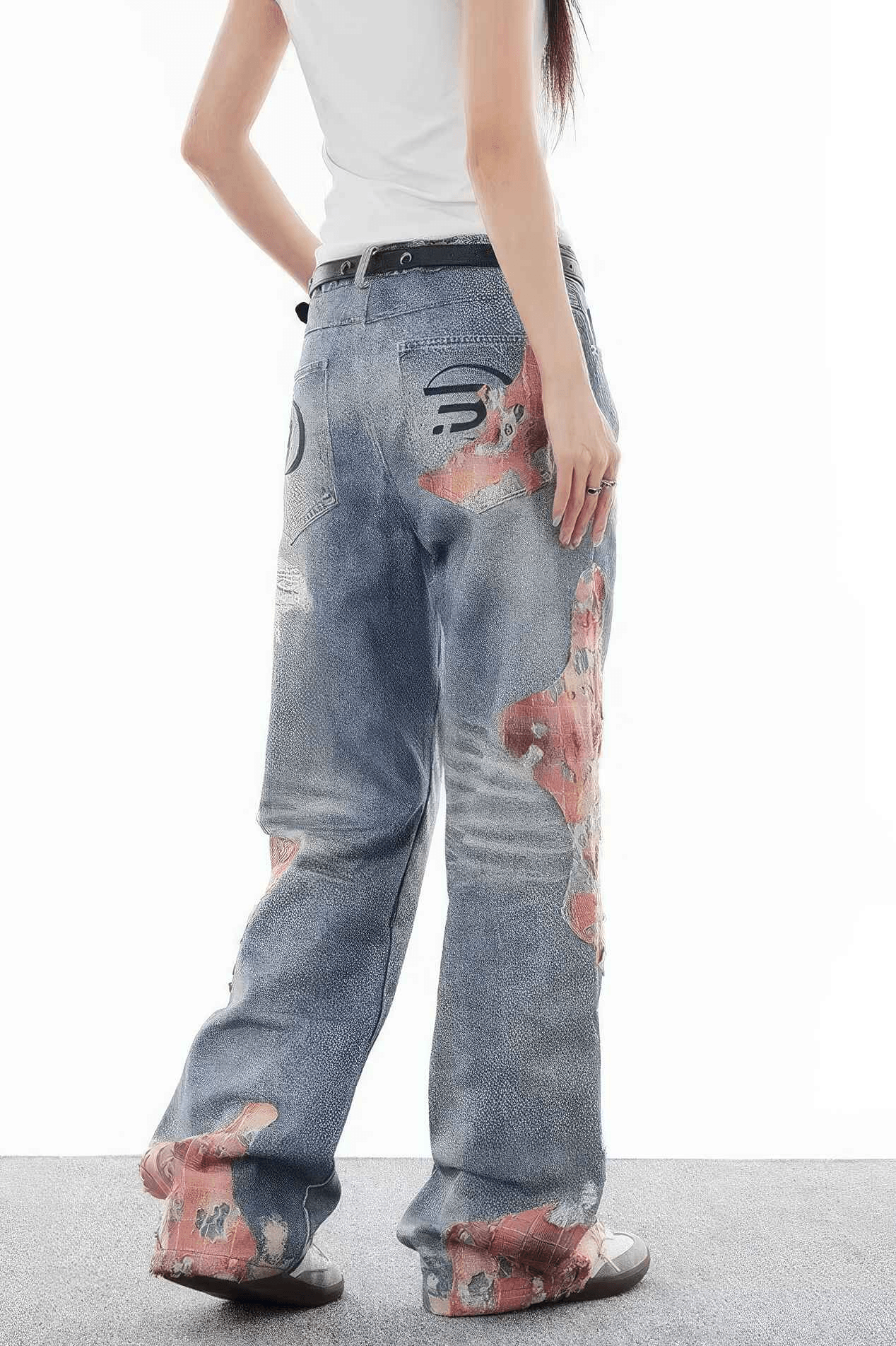 Lace & Flame Patchwork Denim Pants - Wide-Leg, Washed Look