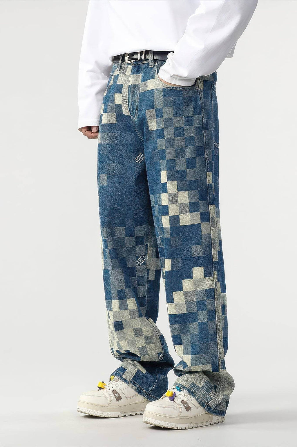 Plaid Patchwork Jeans - Oversized Wide-Leg Streetwear Pants