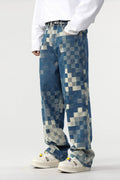 Plaid Patchwork Jeans - Oversized Wide-Leg Streetwear Pants