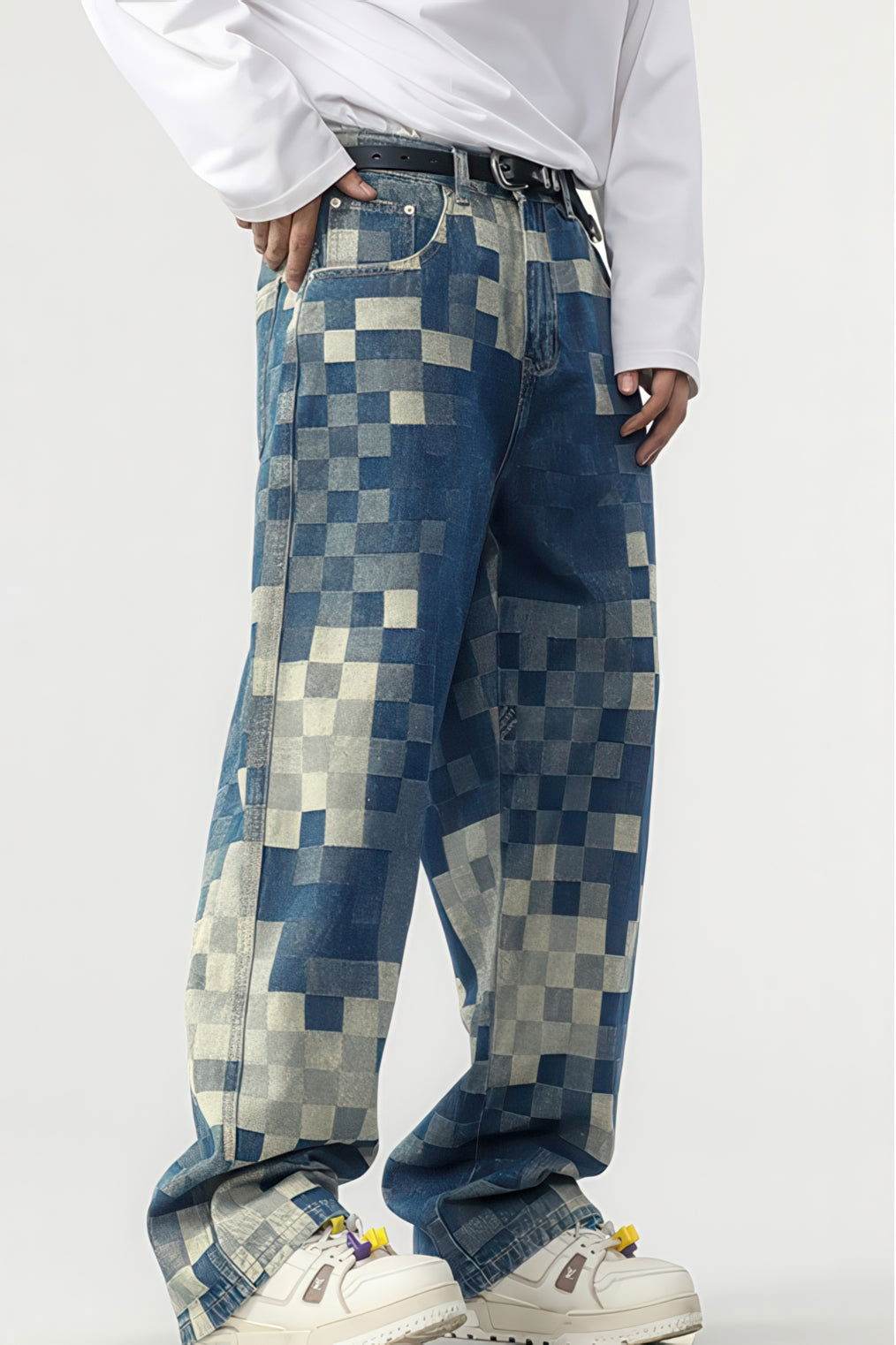 Plaid Patchwork Jeans - Oversized Wide-Leg Streetwear Pants