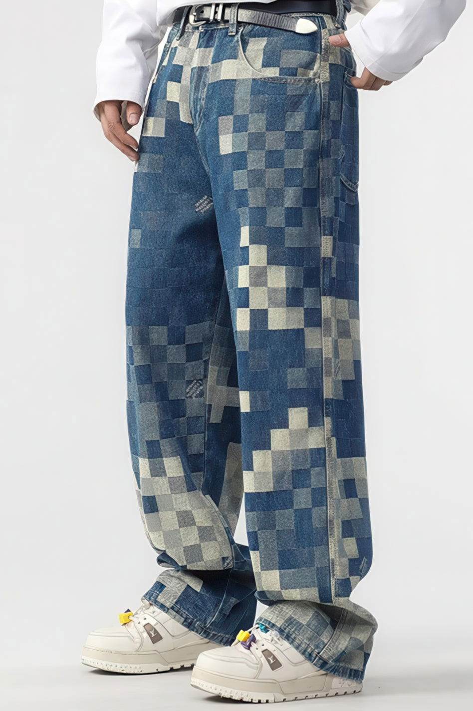 Plaid Patchwork Jeans - Oversized Wide-Leg Streetwear Pants