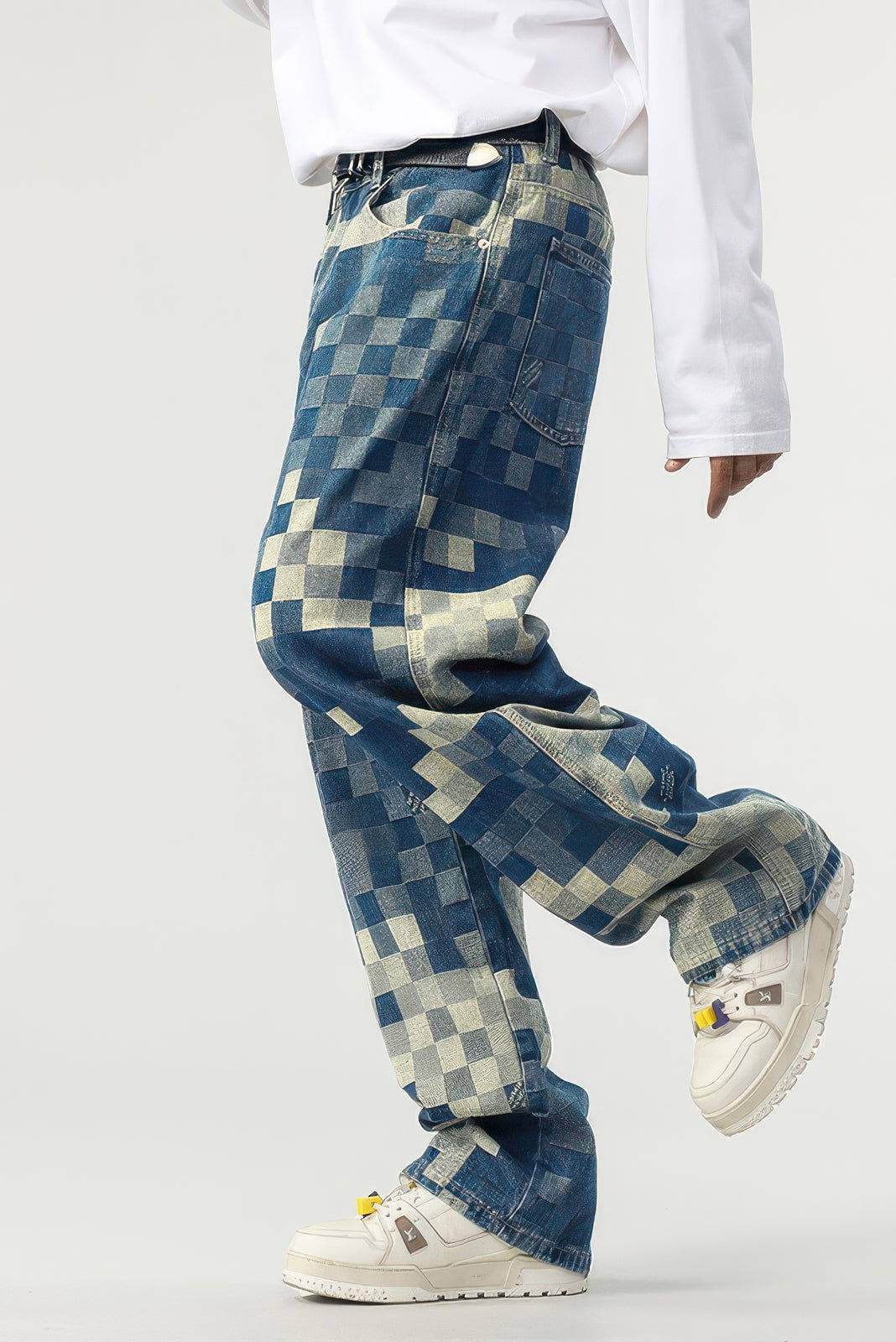 Plaid Patchwork Jeans - Oversized Wide-Leg Streetwear Pants