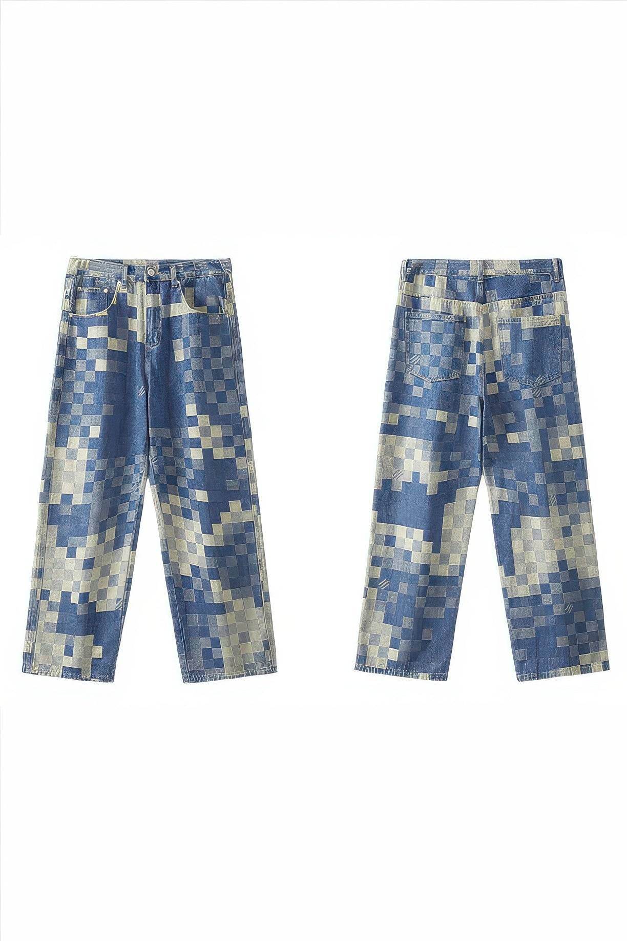 Plaid Patchwork Jeans - Oversized Wide-Leg Streetwear Pants