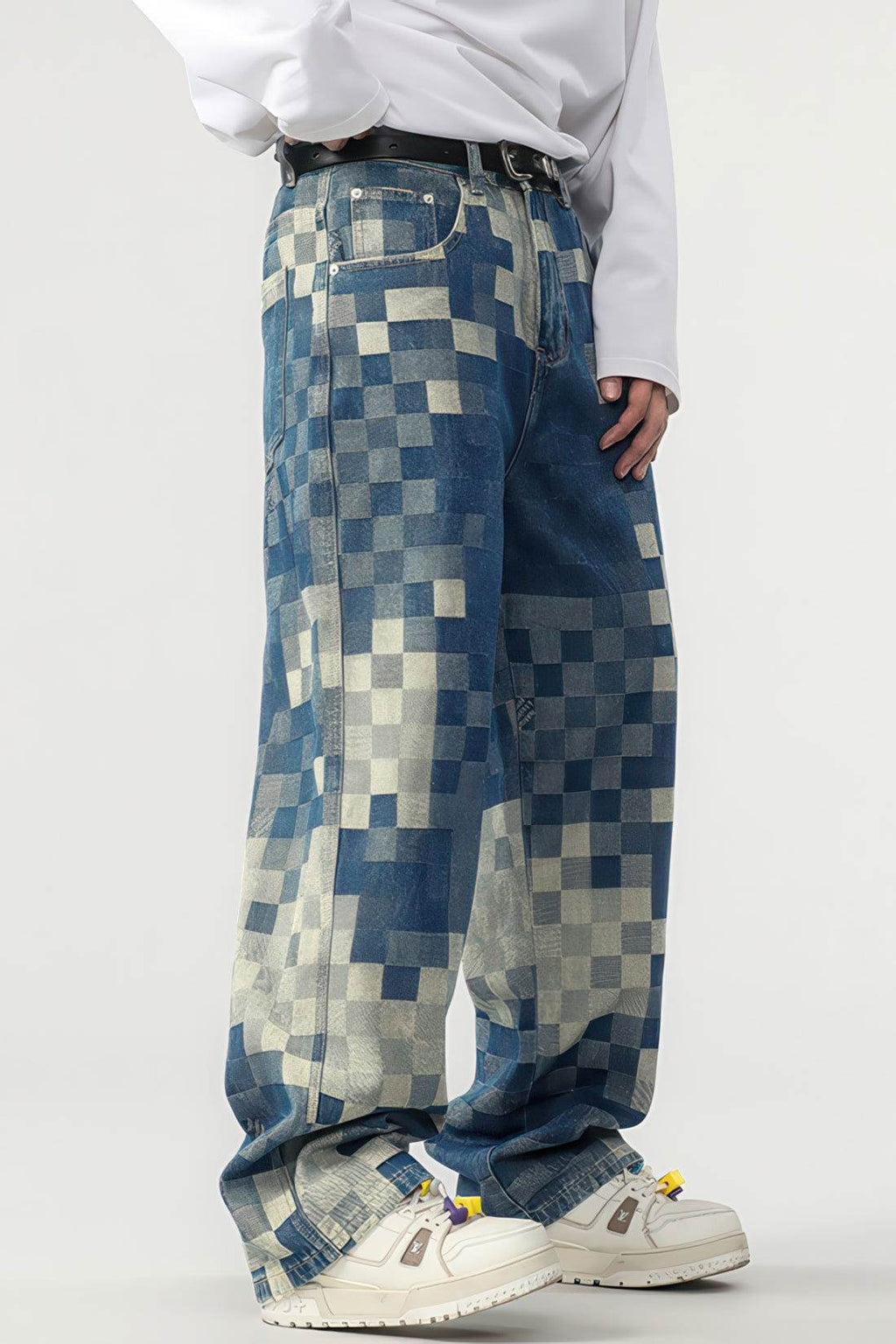 Plaid Patchwork Jeans - Oversized Wide-Leg Streetwear Pants