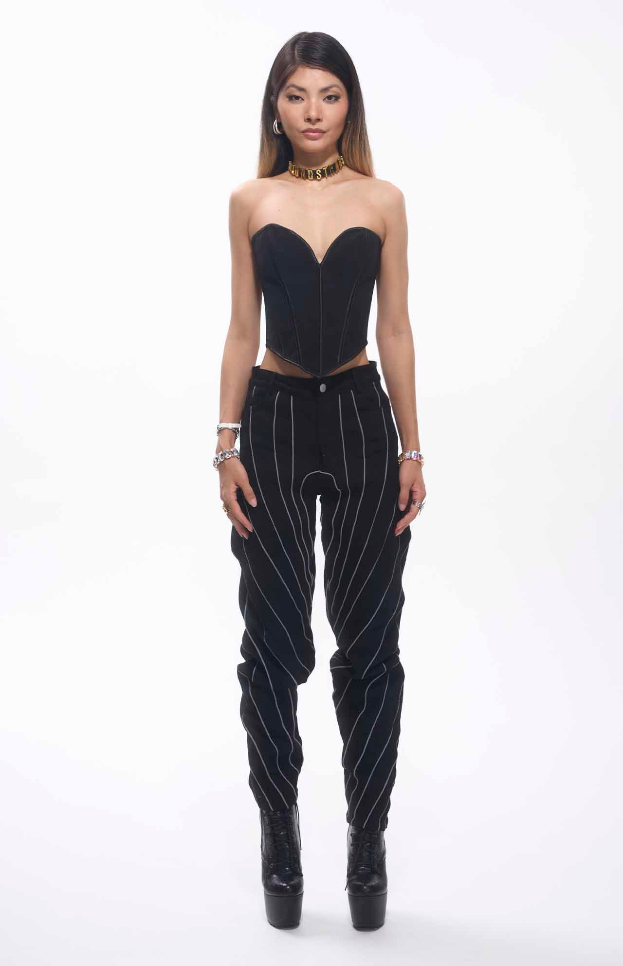 Trona Straps Embroidered Oval Shape Black Jeans Unisex