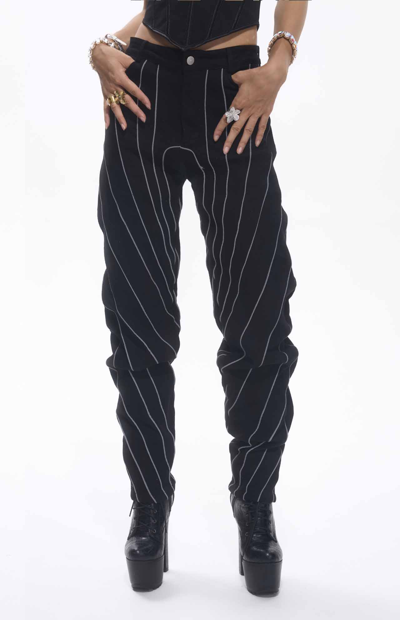 Trona Straps Embroidered Oval Shape Black Jeans Unisex